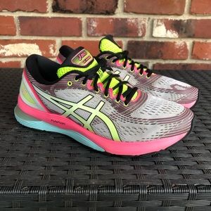 Asics Gel Nimbus 21 Womens Running Gym Shoes Size 9.5 White Pink Neon